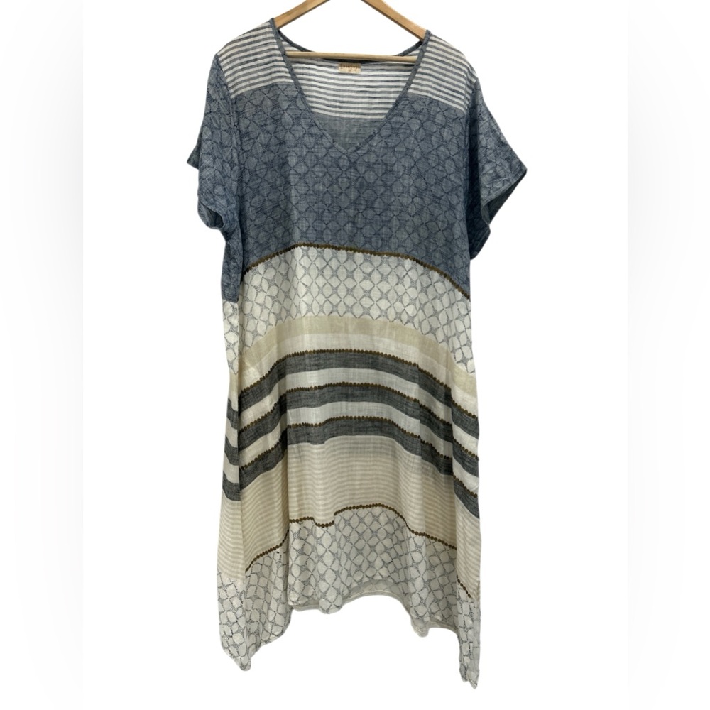 Lula Soul Cotton Blue Cream Stripe Geometric Print Flowy Kaftan Dress - 2X